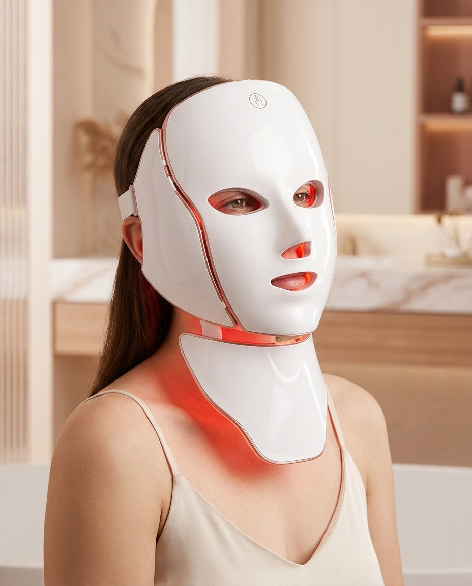 Mujer usando la mascarilla Dolce Lumina en rostro y cuello